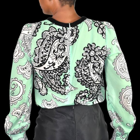 Manoush Chiffon Blouse Green Sequins Top Sheer Pastel Paisley Black Bow Size 4 - Picture 2 of 14
